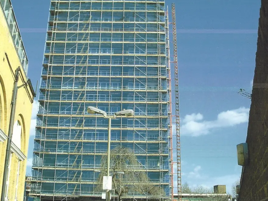 Full-height scaffold on a tower block in Slough for window and cladding works